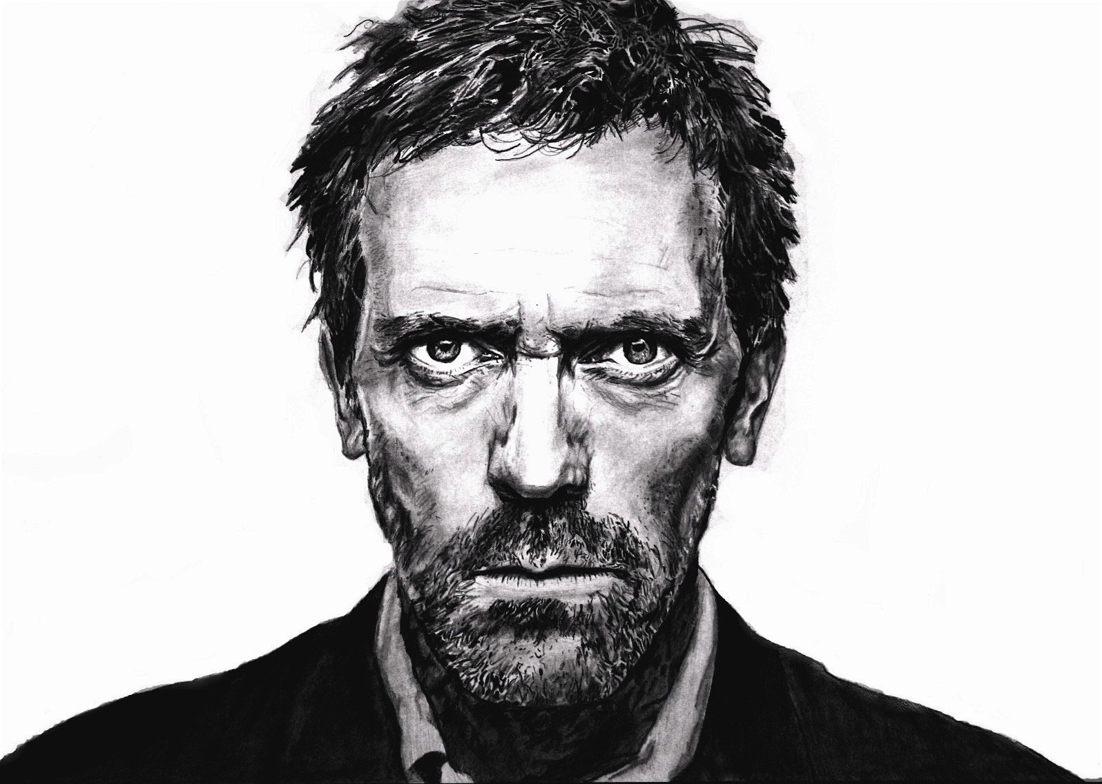 portret hugh laurie aktor dr house rysunek aktorzy filmowi spojrzenie białe tło oczy twarz