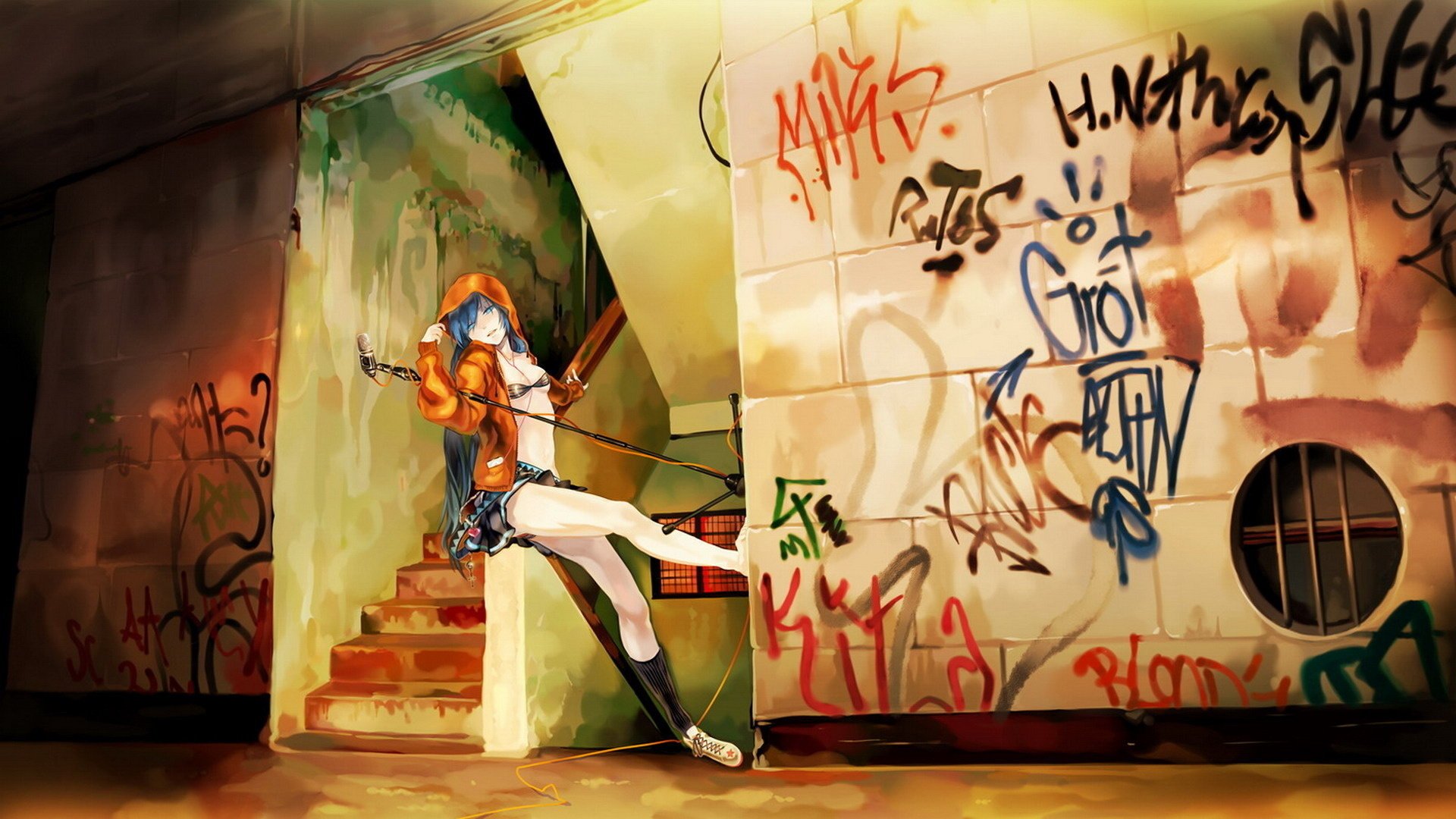 anime graffiti wejście-a vocaloid ściana muzyka miku mikrofon rysunki dziewczyny wejście schody kaptur dziewczyny-a