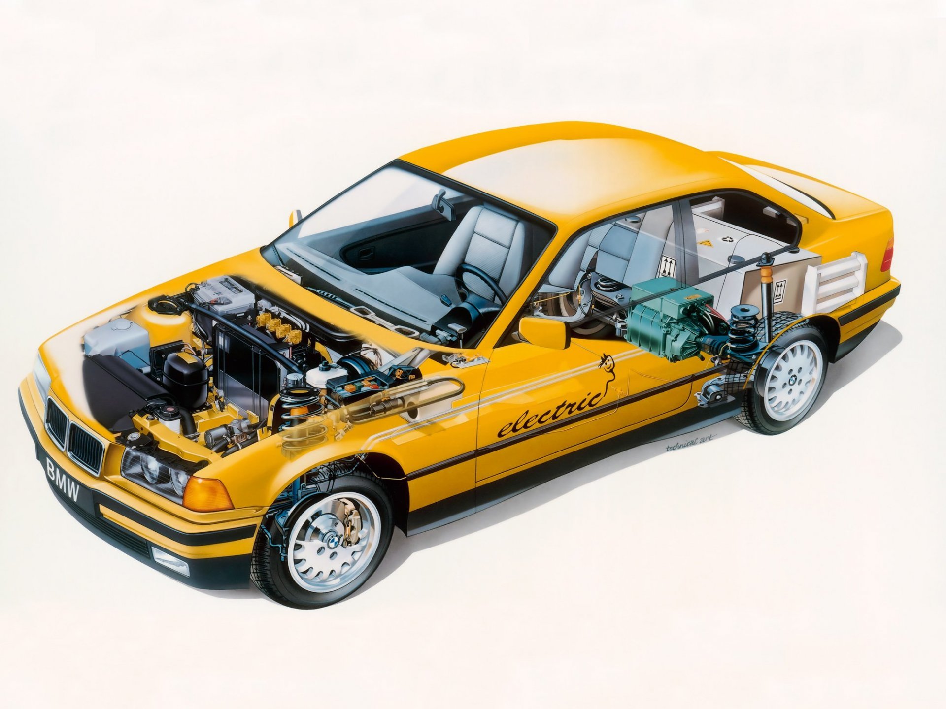 bmw m3 coupe electro antrieb 1995 yellow engine salon background