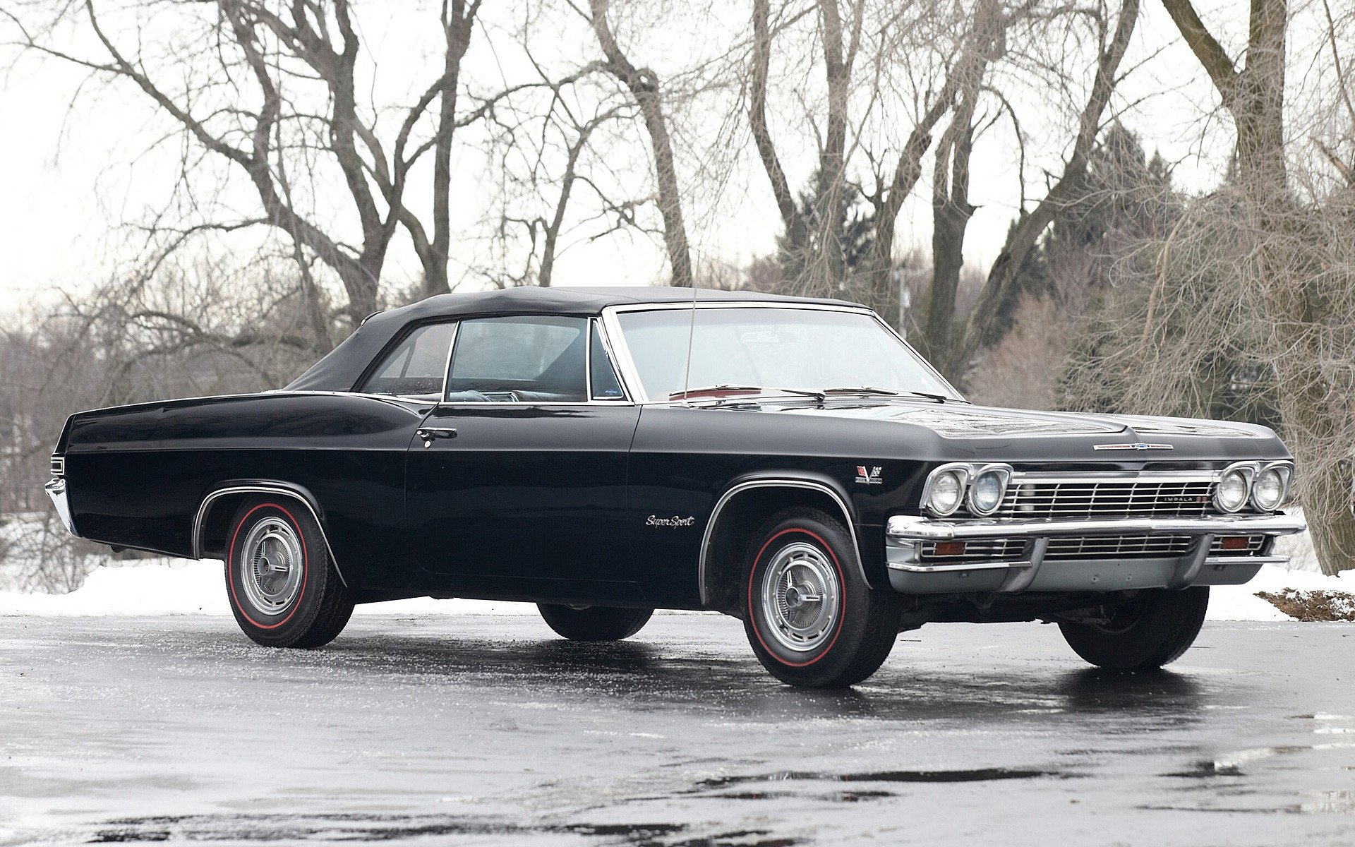 impala ss convertible 1965 coche chevrolet retro auto negro chevrolet viejo auto rareza auto perfil otoño árboles secos automóviles vehículos vehículos