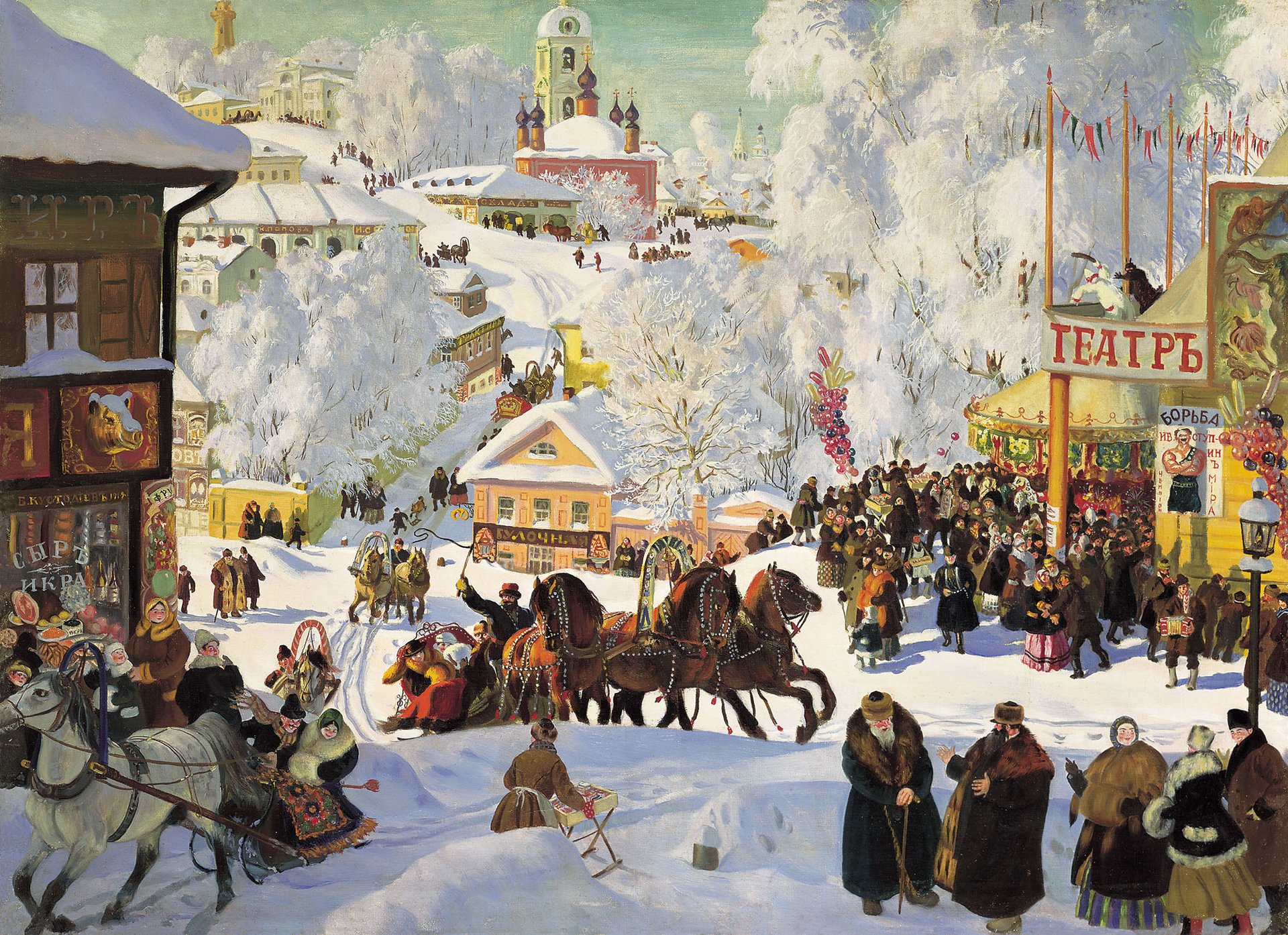 kustodiev pittura umore vacanza troika persone neve inverno cavalli teatro gelo