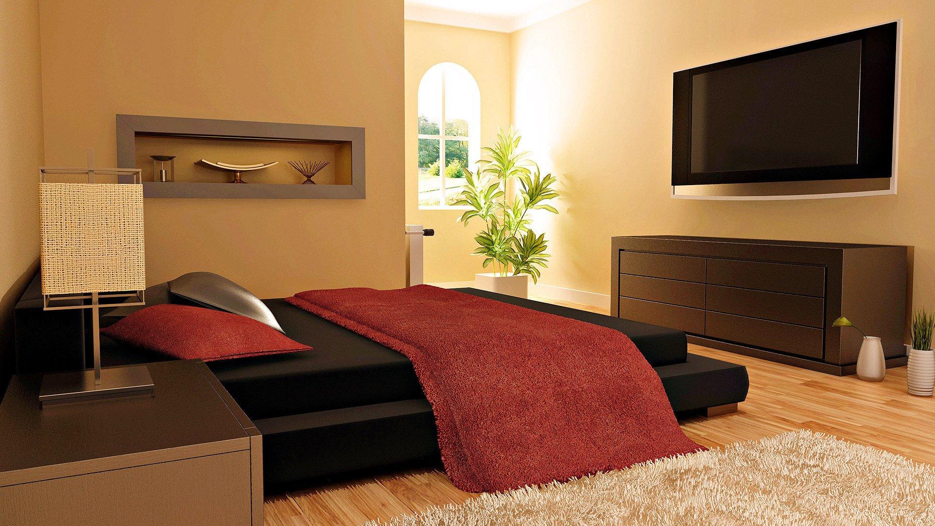 camera da letto colore beige coperta rossa minimalismo tappeto pannello letto fiore finestra raggi tv design interni comfort camera stile