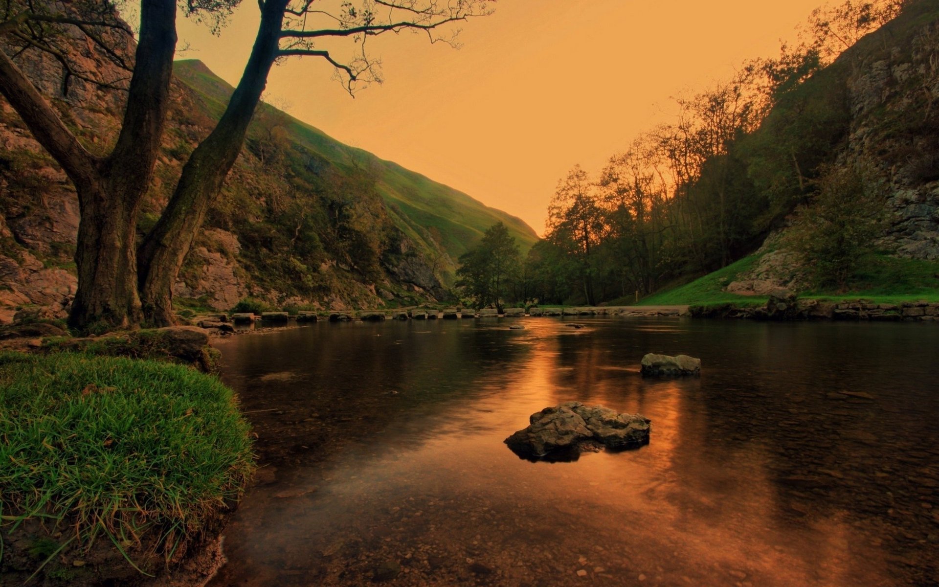 lake trees sunset mountains mountain landscape water the sky tree forest stones nature reflection gra