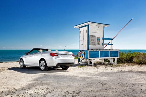 White convertible on the seashore