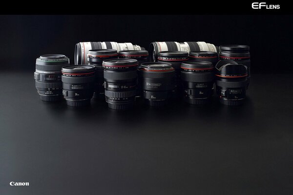 Canon lenses for photographic equipment on a dark background