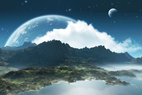 Île mystérieuse sur fond de planète et lune