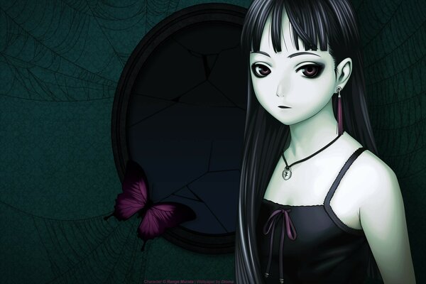 Gothic anime. The girl near the broken mirror