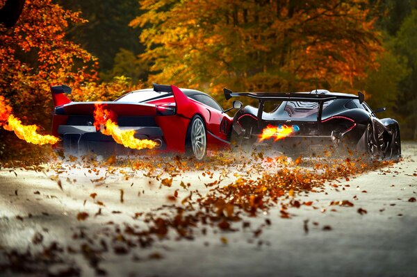 Ferrari and McLaren fire from the exhaust pipe