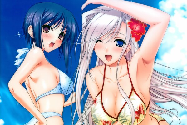 Anime girls in bikinis dancing on the beach