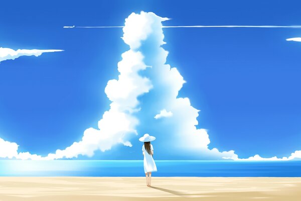 A girl in white walking on a deserted beach