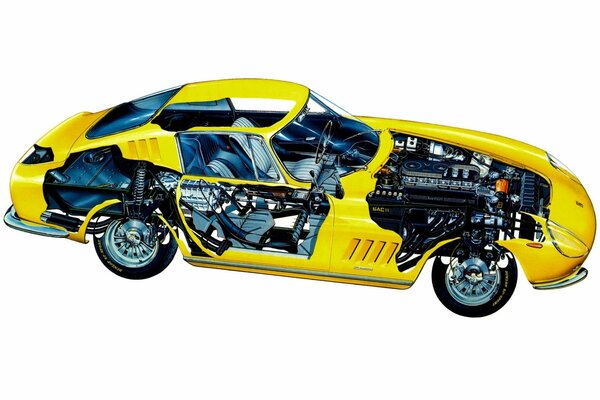 Yellow ferrari with engine parts