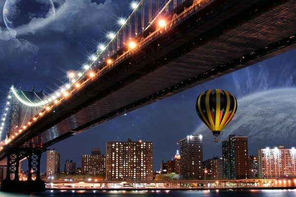 Globo en el cielo sobre la ciudad de la noche