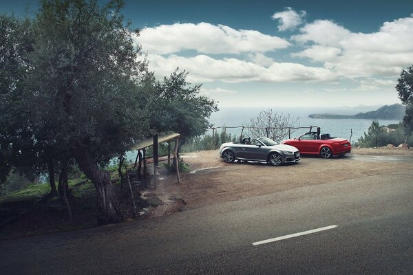 Audi TT y Roadster en el estacionamiento con vistas al mar