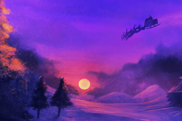 Blue sky. The red sun. santaclaus Flies with gifts