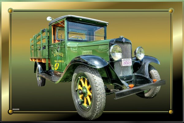Un automóvil antiguo de principios del siglo XX, representado en un marco dorado