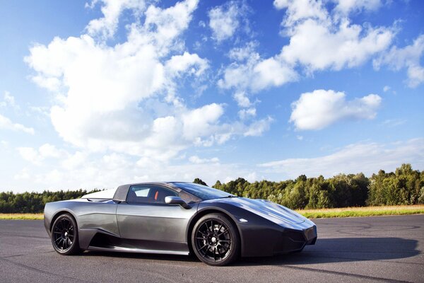 Supercar sulla pista di artiglio. Sfondo foresta e cielo blu