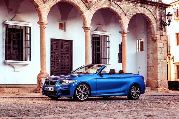 A blue convertible stands against the background of a building with columns