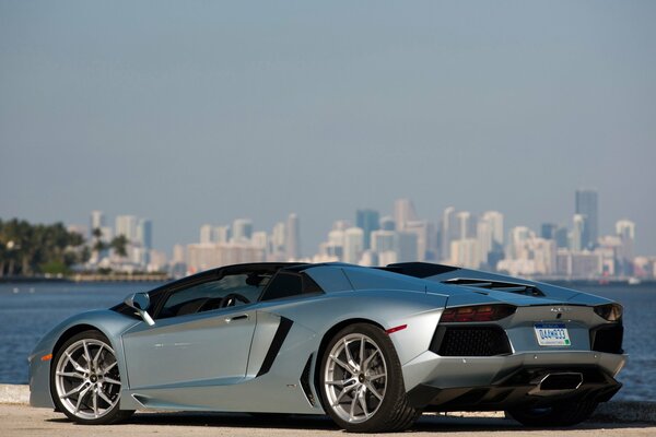 Lamborghini aventador lp700-4 steel-colored car by the lake on the background of skyscrapers