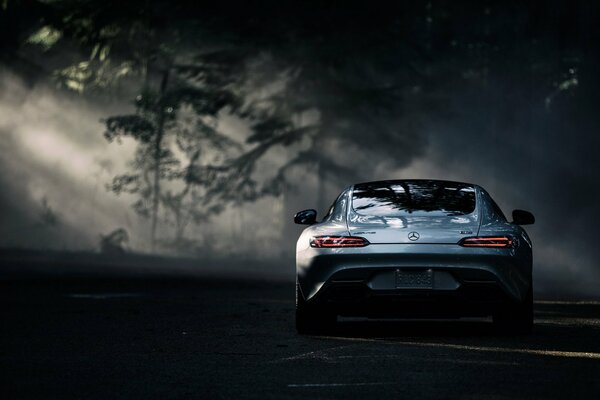 Mercedes Benz AMG 2016 en el bosque oscuro y el resplandor del sol