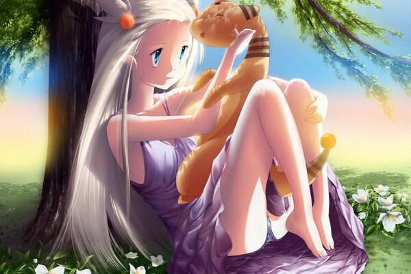 Anime fille sous l arbre avec un petit animal