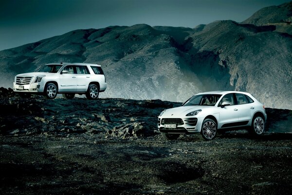 Two SUVs on the background of mountains and trees