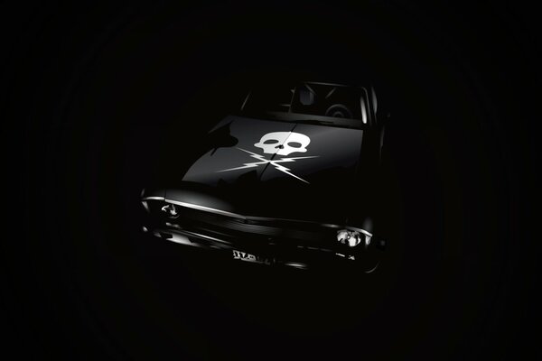 Ein Auto mit einem Schädel ist auf schwarzem Hintergrund abgebildet