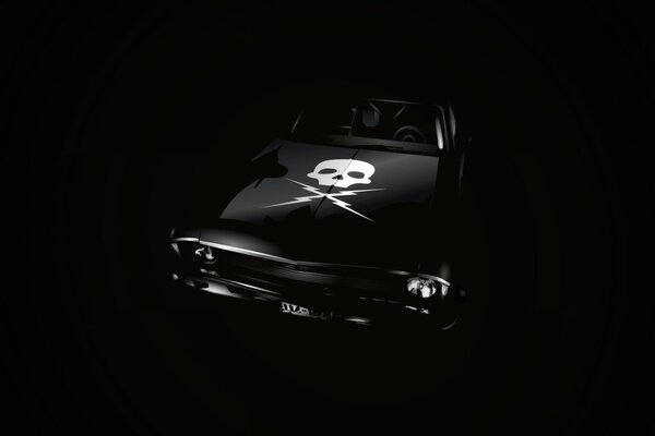 A car with a skull is depicted on a black background