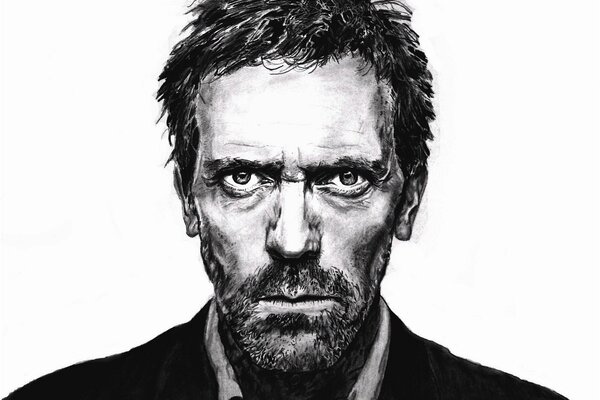 Retrato negro del Dr. House sobre fondo blanco