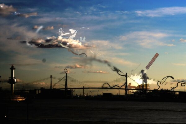 Tournage du ciel coucher de soleil sur le pont