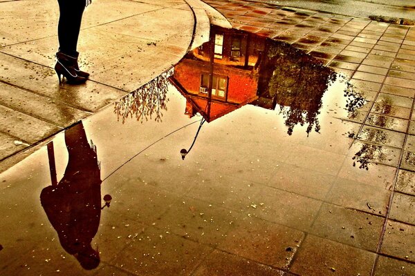 Réflexion d une maison dans une flaque d eau urbaine