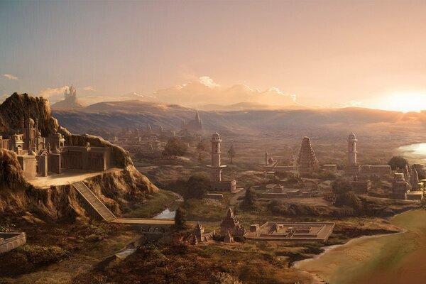 An ancient fantastic city on the background of sunset