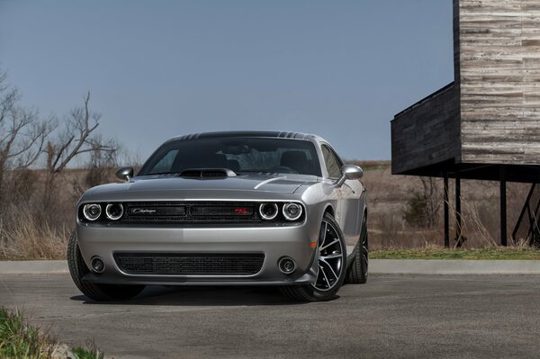 Szary Dodge Challenger 2015 w świetle dnia