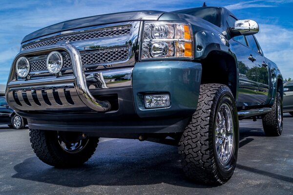 Chevrolet pickup truck front view against the sky