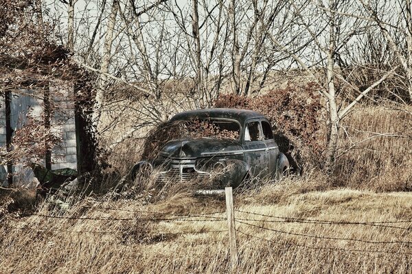 Parcela con una casa abandonada y un coche raro podrido