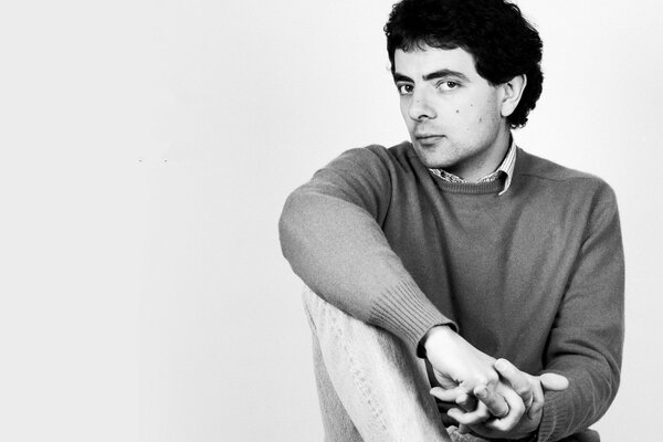 Black and white portrait of comedian Rowan Atkinson