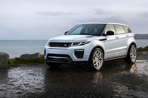 Range Rover in silberner Farbe, hinter dem Meer