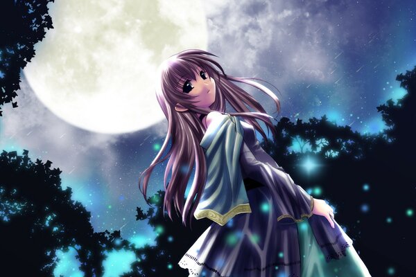 Anime ragazza nella notte di luna di danza