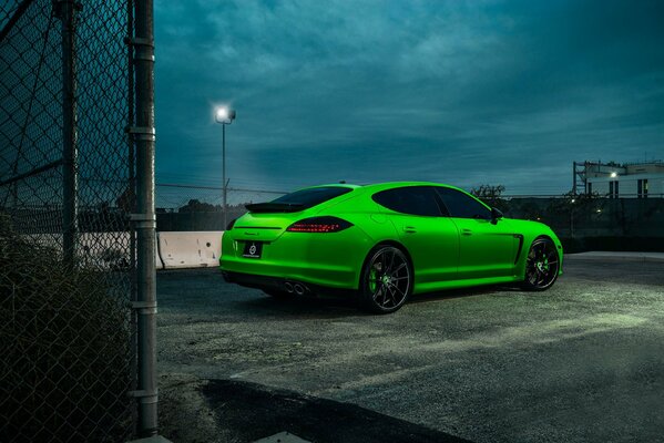 Bright green panamera. Porsche rear view