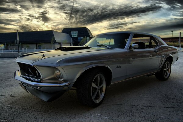 Mustang argenté sur fond de ciel nuageux et de maisons