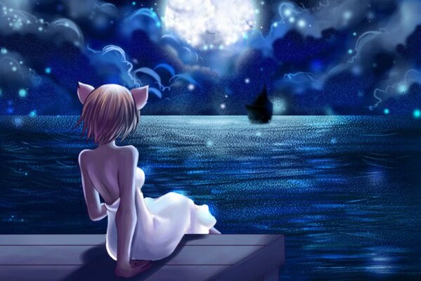 Romantic anime girl by moonlight