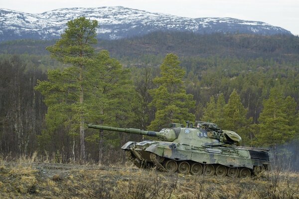 Tanque leopard1 en el fondo de montañas y árboles