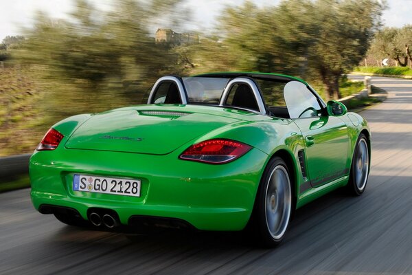 Porsche Boxster mit Geschwindigkeit unter Bäumen