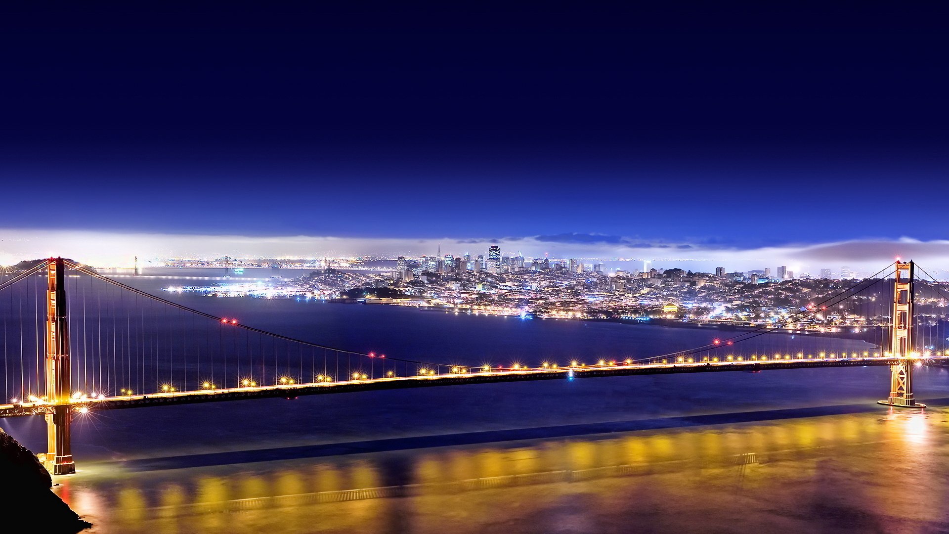 puente ciudad luces río agua terraplén reflexión rascacielos nueva york fondo cielo nocturno noche luces de la ciudad puentes