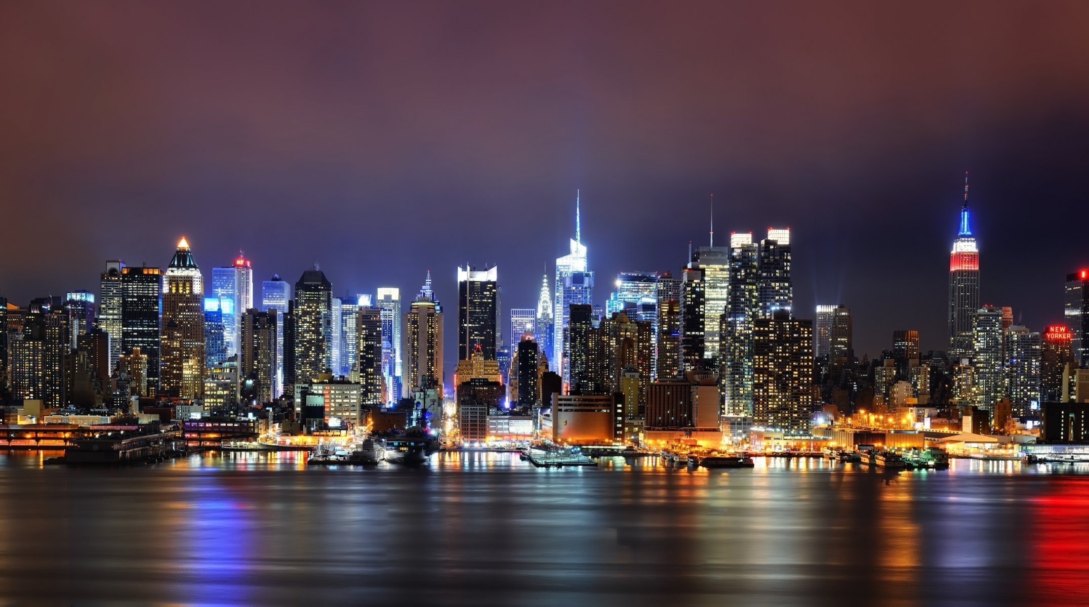 new york city manhattan usa new york skyscrapers houses buildings river reflection lights night evening sunset city sky embankment pier ocean night sky city light