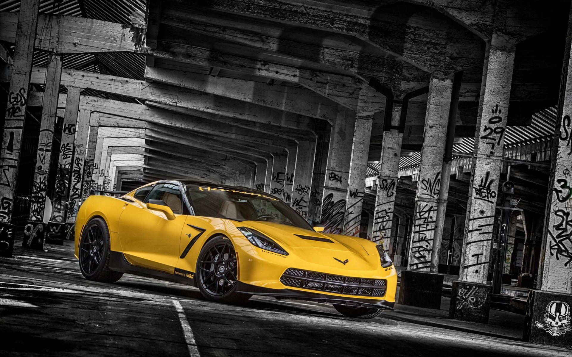 ruffer performance chevrolet corvette stingray hpe700 chevrolet tuning yellow front columns background