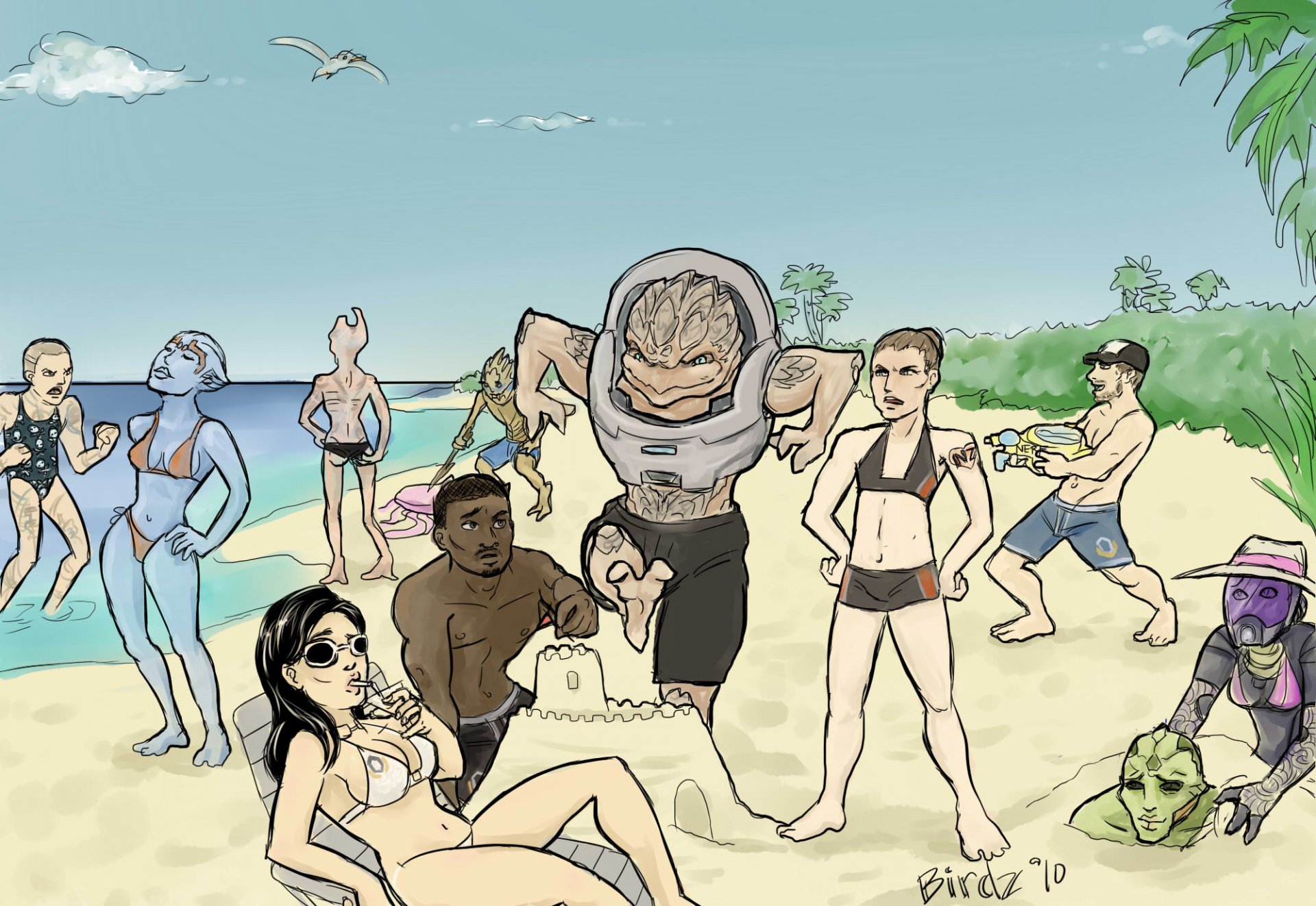 mass effect crew on vacation sandburg meer sea sand sand team crew strand menschen möwen sonnenbrand grün küste wolken zeichnungen anime