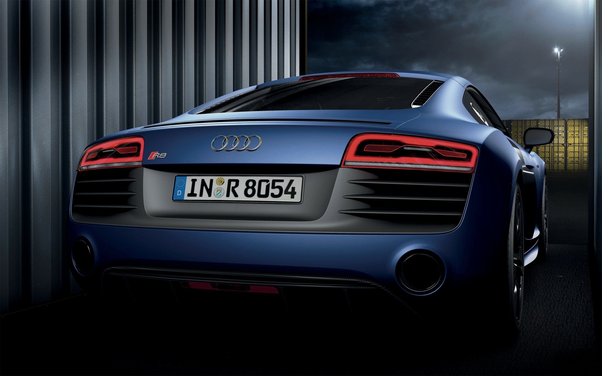 audi r8 v10 azul auto contenedores noche habitación