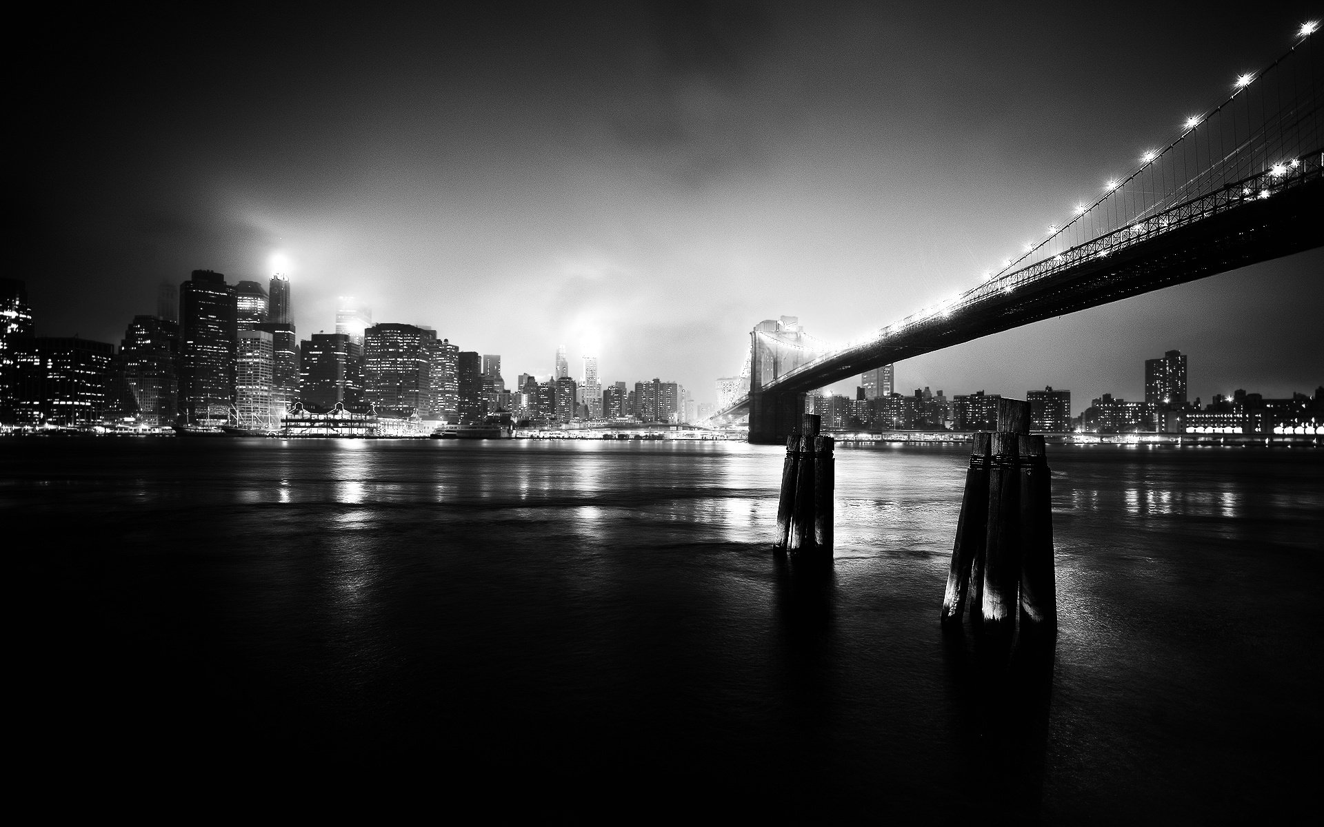 pont new york noir et blanc ville rivière eau nuit lumières lumières de la ville