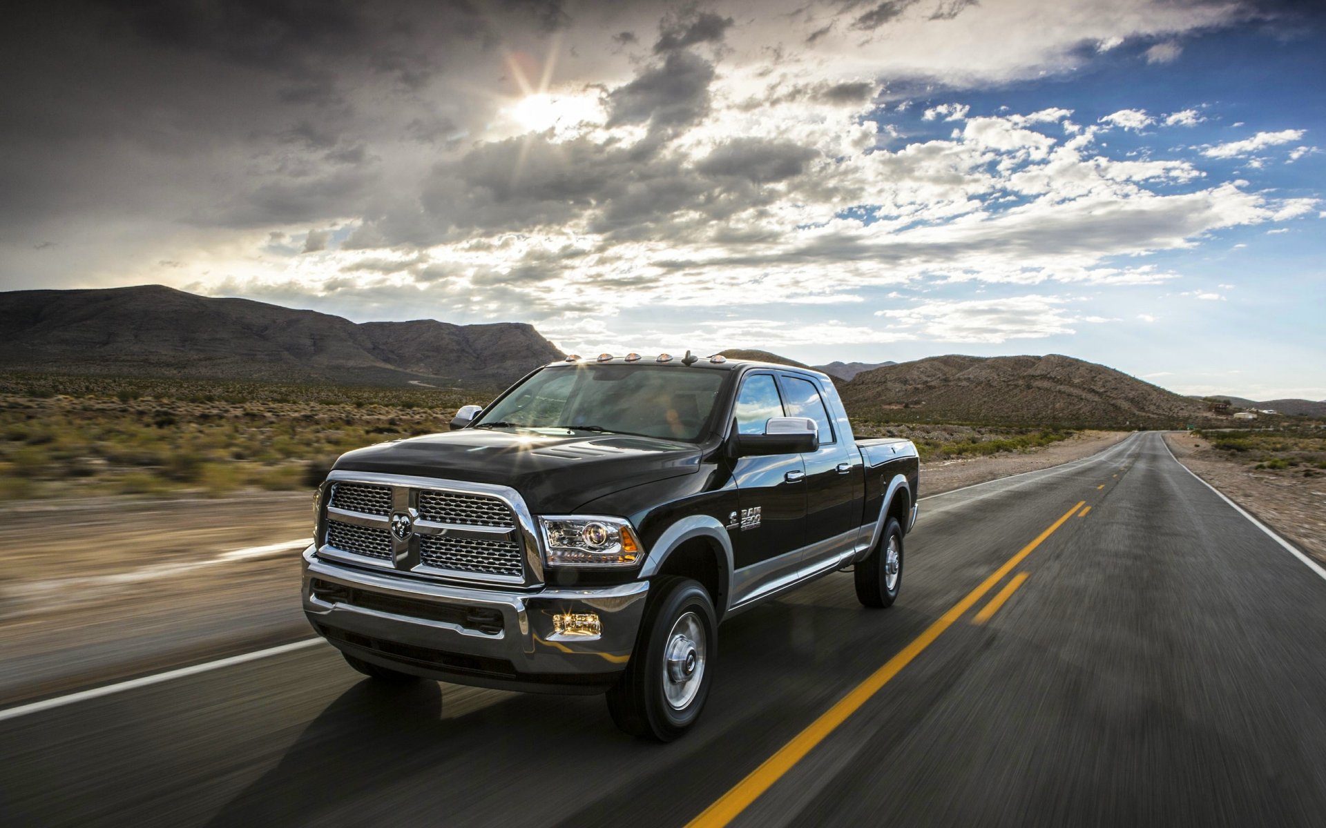 dodge ram heavy duty black sky day clouds road truck sun machine