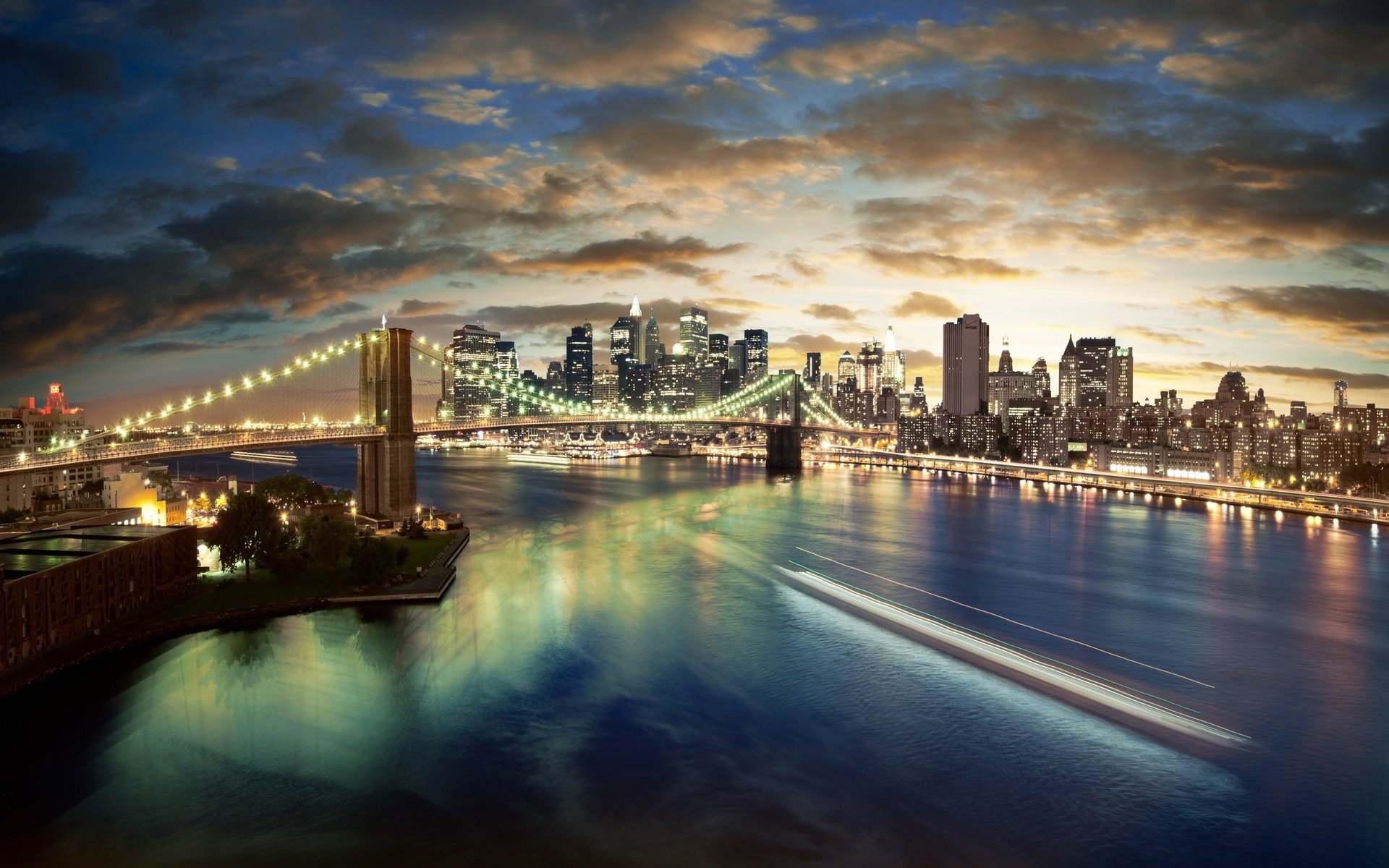 ciudad puente luces cielo rascacielos nubes reflexión río nueva york fondo puesta de sol agua cielo nocturno noche luces de la ciudad